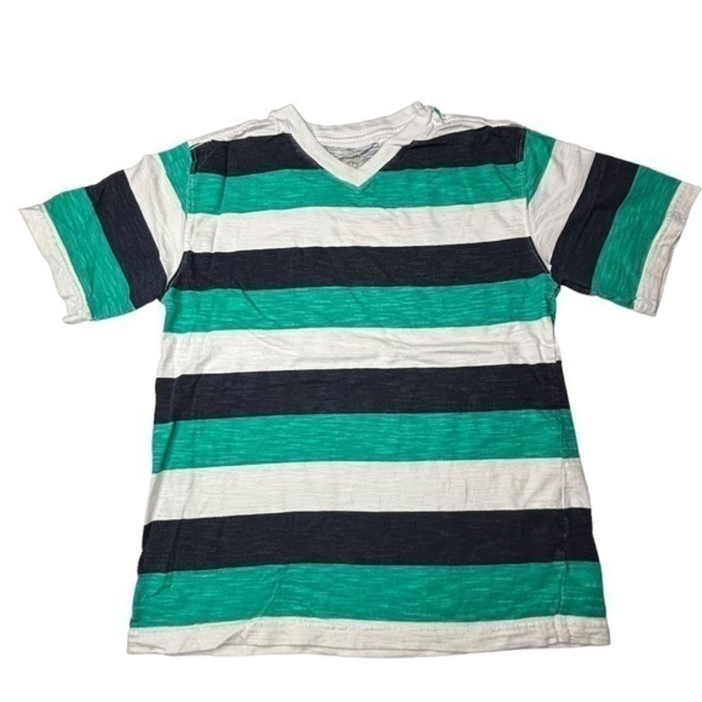 Faded Glory Boys Top Sz L 10 12 Turquoise White Black Striped Short Sleeve Top